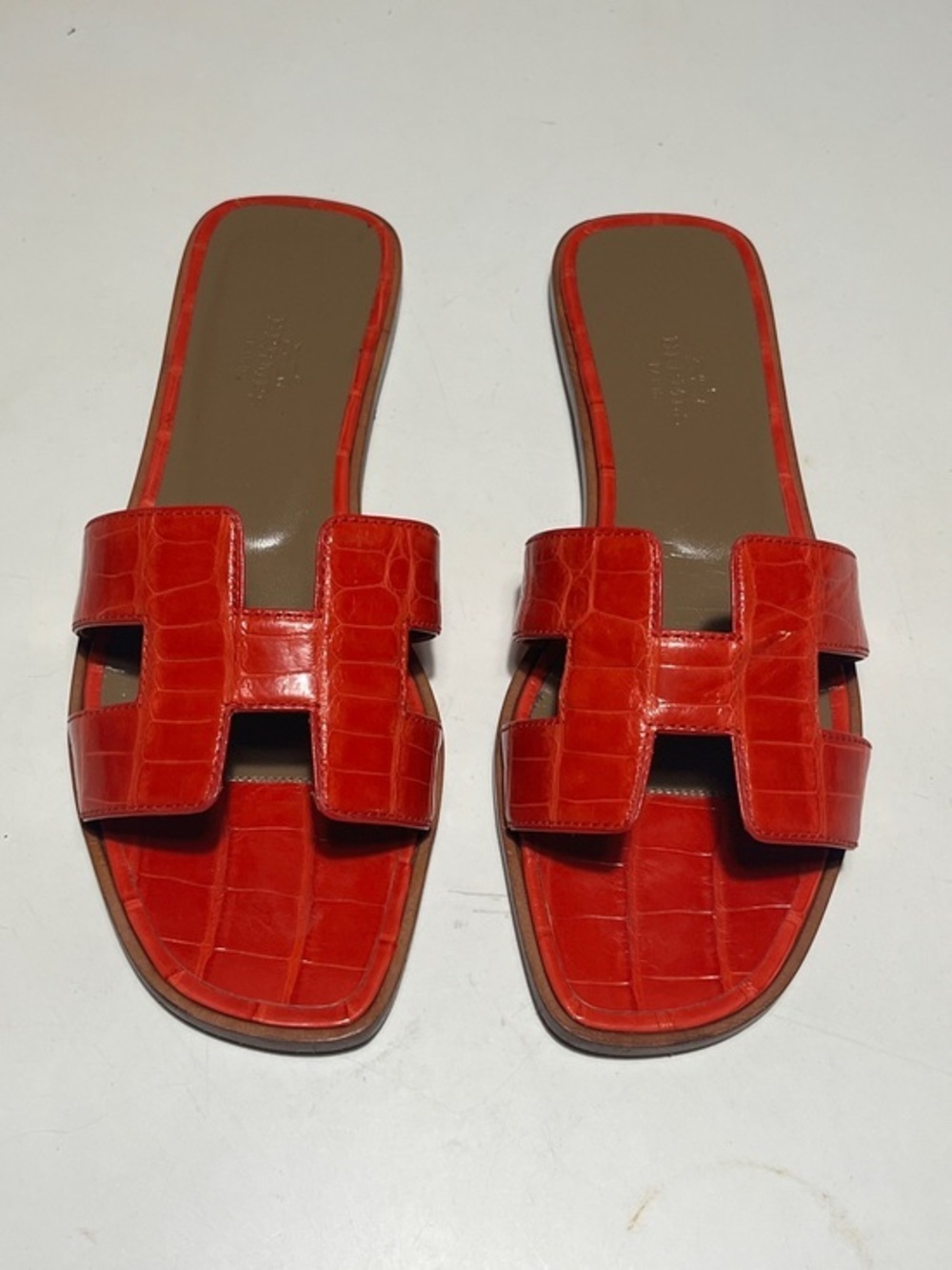 Hermes red alligator orange Croc-Embossed Slide Sandals - Women's